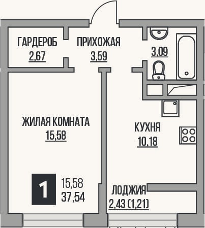 Планировка: 1-к, 35,1 м²