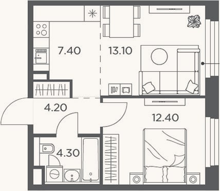 Планировка: 2-к, 41,4 м²