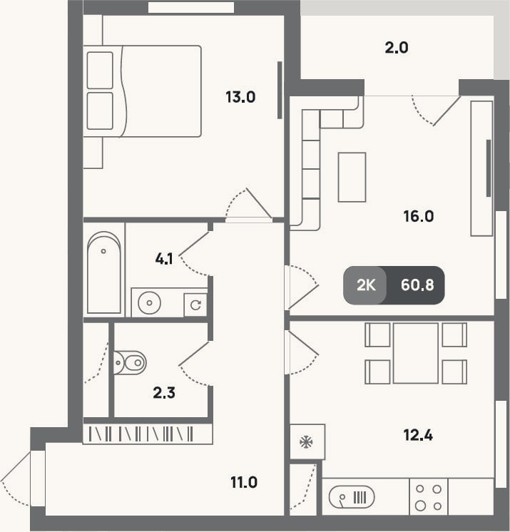 Планировка: 2-к, 58,8 м²