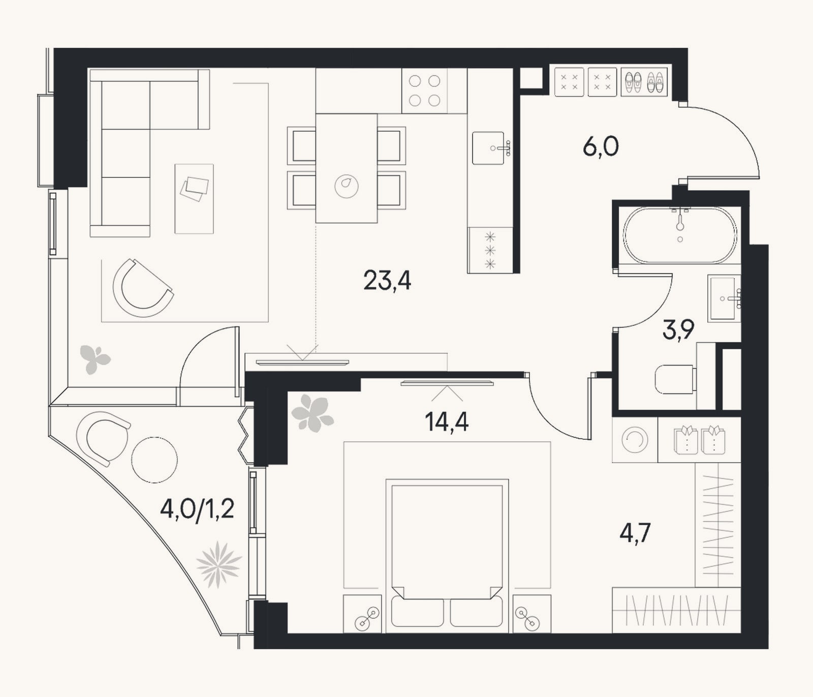 Планировка: 2-к, 52,4 м²