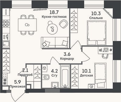 Планировка: 3-к, 54,9 м²