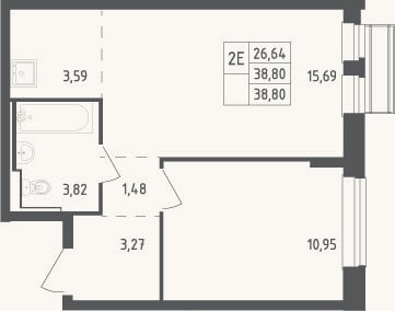 Планировка: 2-к, 38,8 м²