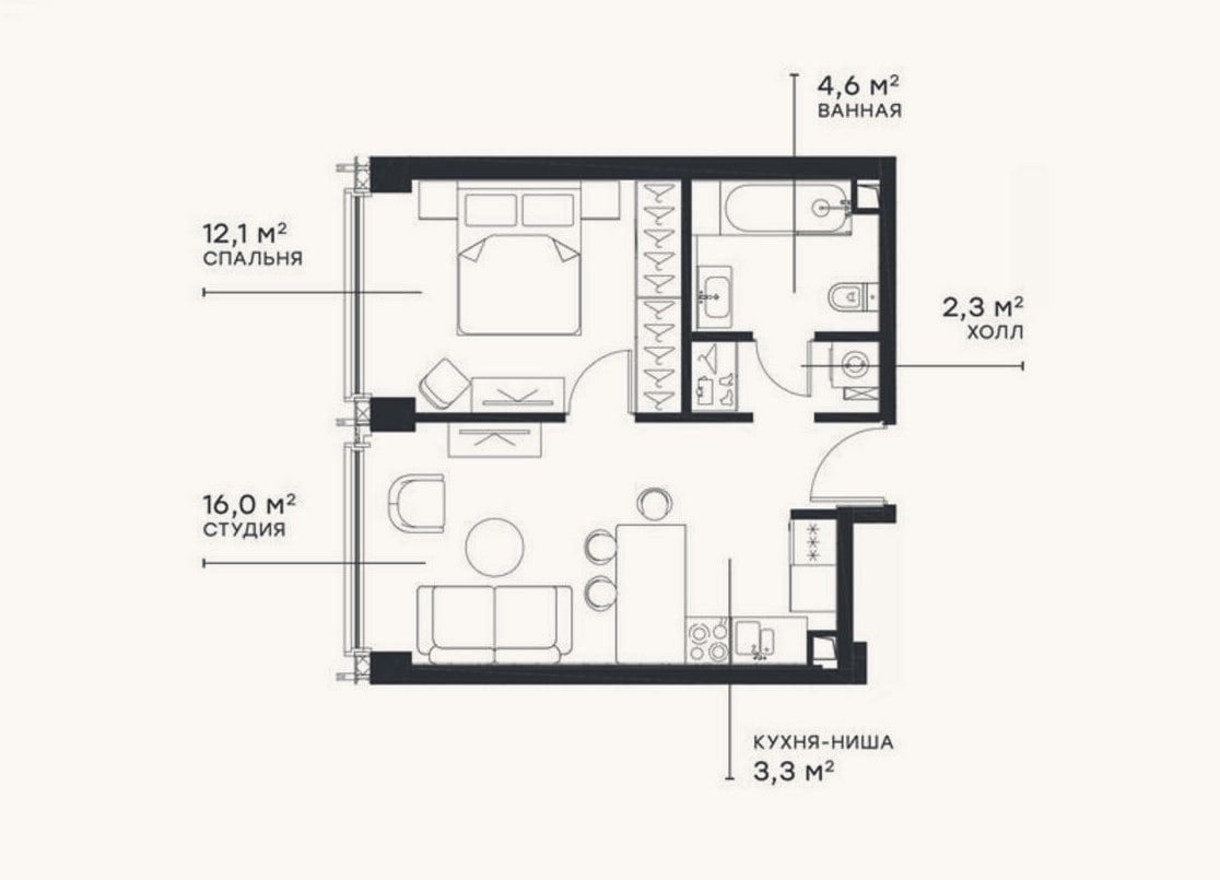 Планировка: 2-к, 38,5 м²