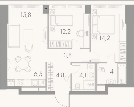 Планировка: 3-к, 65,4 м²