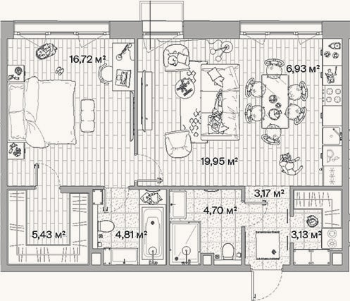 Планировка: 2-к, 64,8 м²