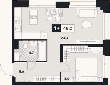 Планировка: 1-к, 48 м²