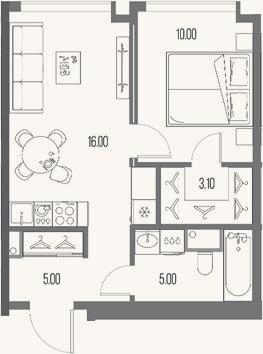 Планировка: 1-к, 39,1 м²