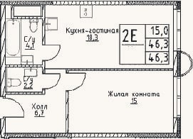 Планировка: 2-к, 46,3 м²