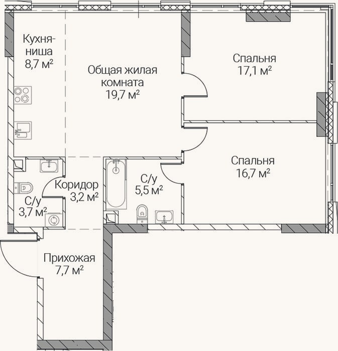 Планировка: 3-к, 82,3 м²
