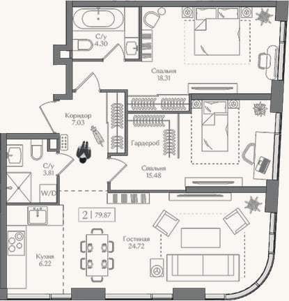 Планировка: 3-к, 79,9 м²