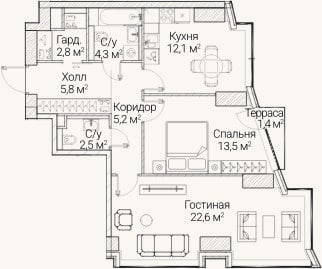 Планировка: 2-к, 68,4 м²