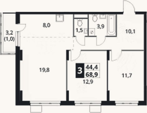 Планировка: 3-к, 67,9 м²
