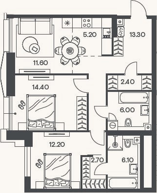 Планировка: 3-к, 73,9 м²