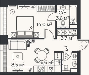 Планировка: 2-к, 38,6 м²