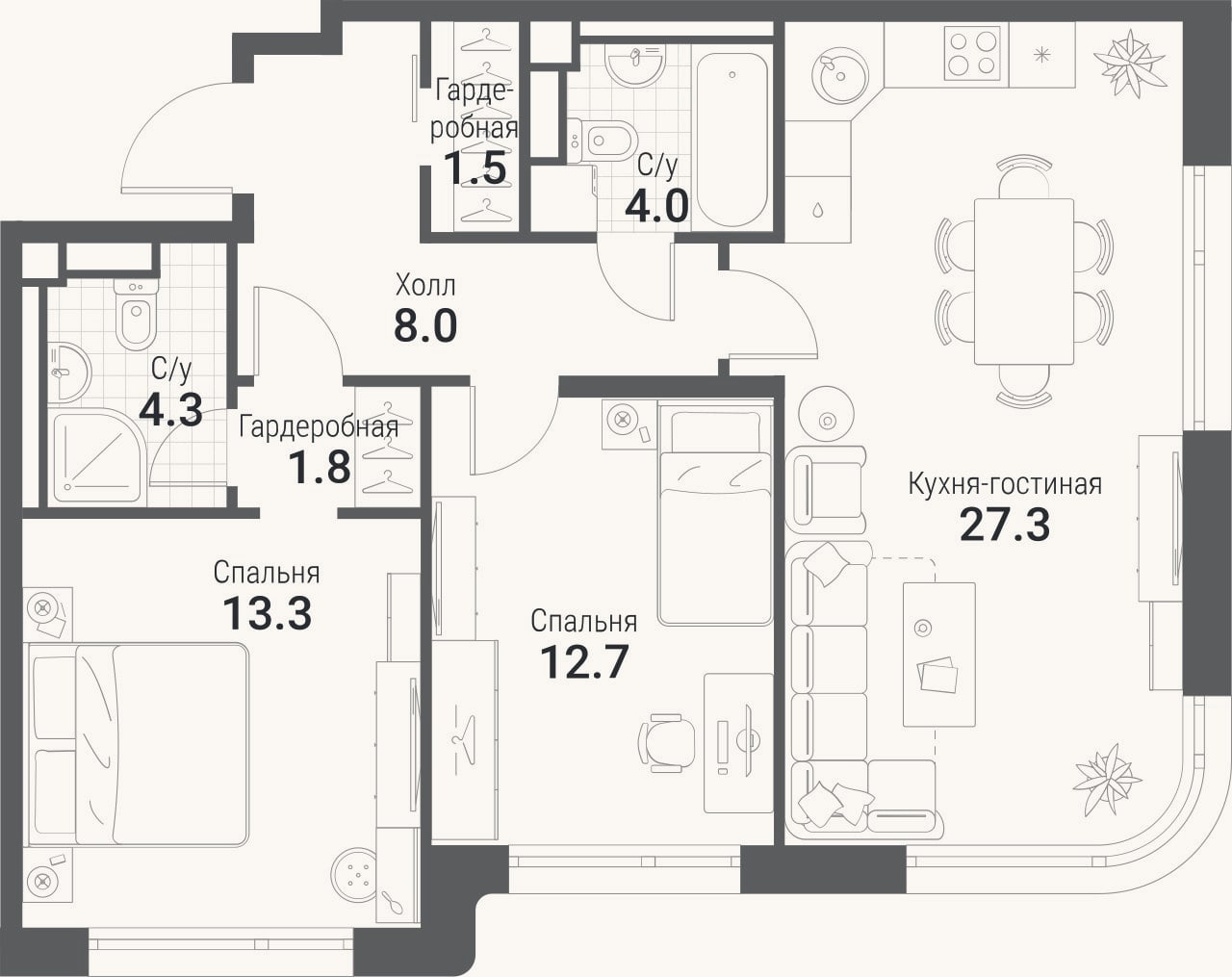 Планировка: 3-к, 72,6 м²