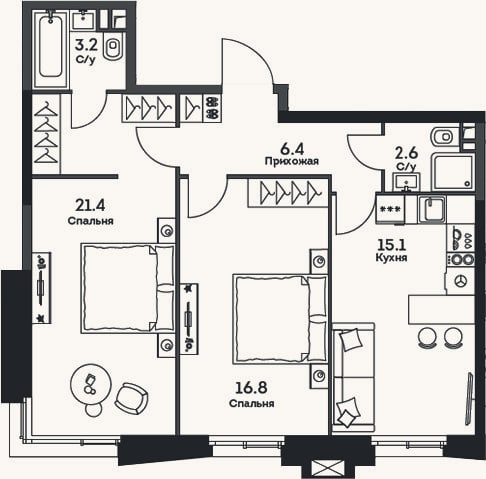 Планировка: 2-к, 65,5 м²