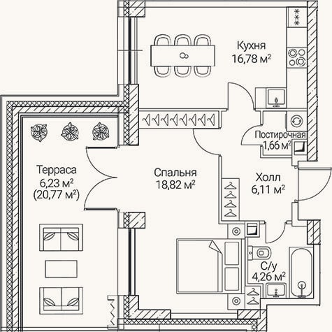 Планировка: 1-к, 47,6 м²