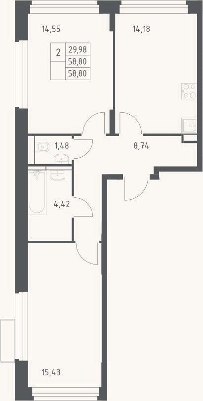 Планировка: 2-к, 58,8 м²