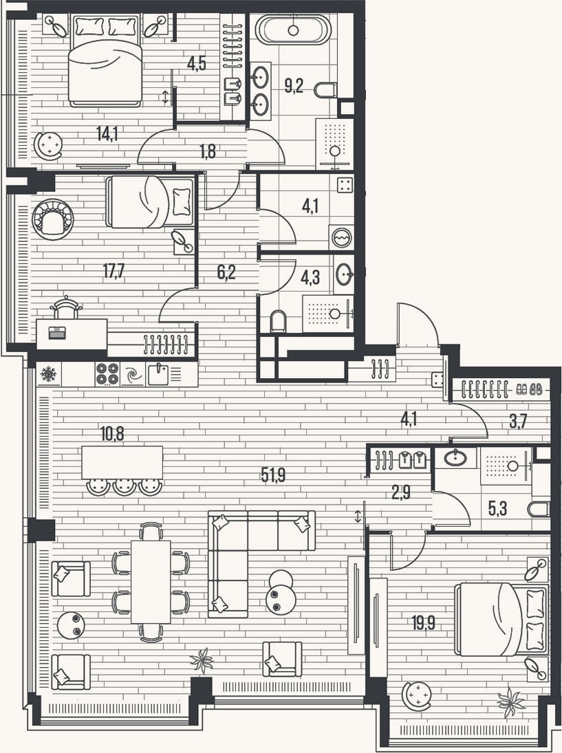 Планировка: 4+ к, 160,5 м²