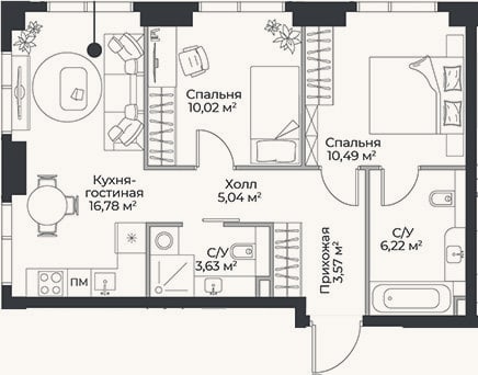 Планировка: 3-к, 55,8 м²