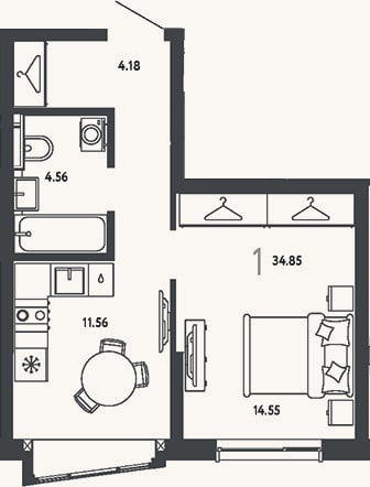 Планировка: 1-к, 34,9 м²