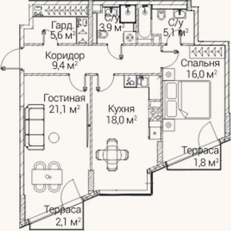 Планировка: 2-к, 76,4 м²