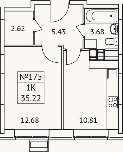 Планировка: 1-к, 35,2 м²