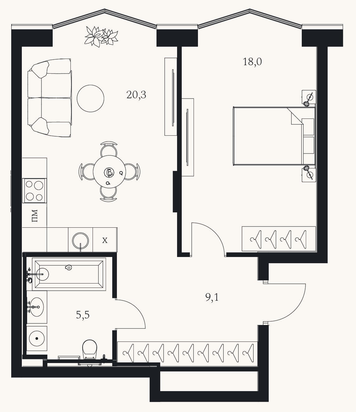 Планировка: 2-к, 50,3 м²