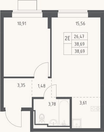 Планировка: 2-к, 38,7 м²