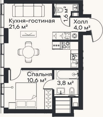Планировка: 2-к, 41,6 м²