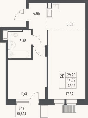 Планировка: 2-к, 44,5 м²