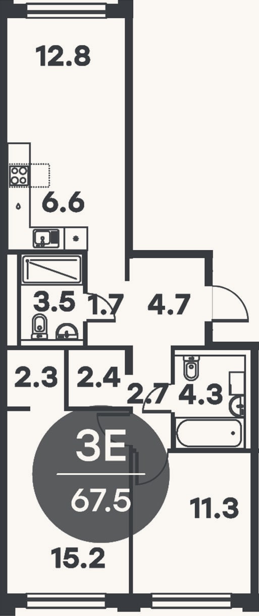 Планировка: 3-к, 67,5 м²