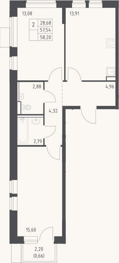 Планировка: 2-к, 57,5 м²