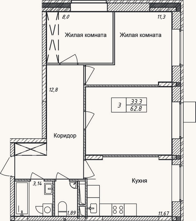 Планировка: 3-к, 62,8 м²