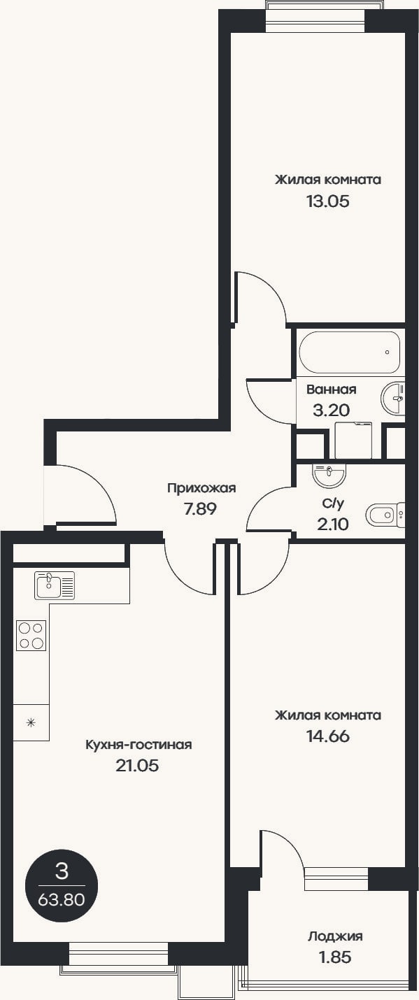 Планировка: 3-к, 61,7 м²
