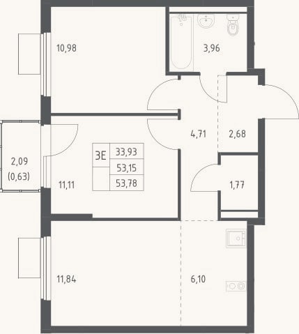 Планировка: 3-к, 53,2 м²