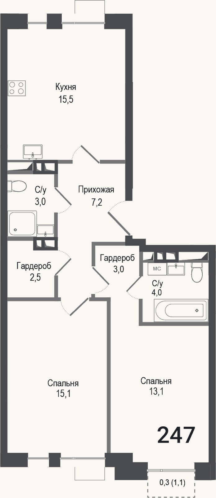 Планировка: 3-к, 63,4 м²