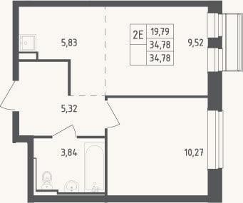 Планировка: 2-к, 34,8 м²