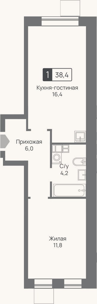 Планировка: 2-к, 38,4 м²