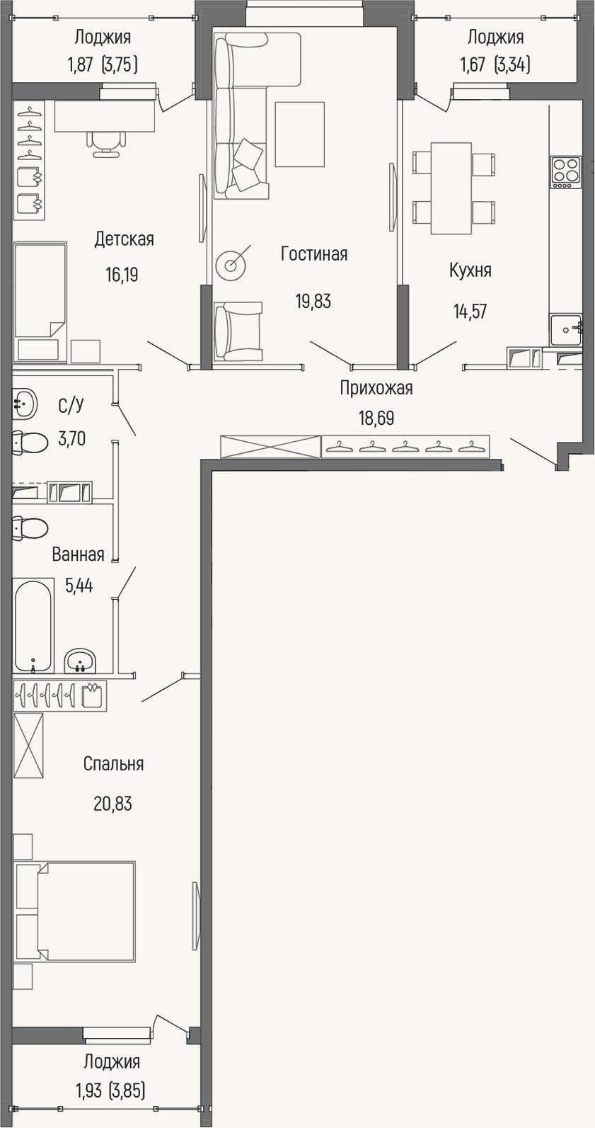 Планировка: 3-к, 99,3 м²