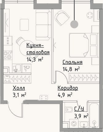 Планировка: 1-к, 41 м²