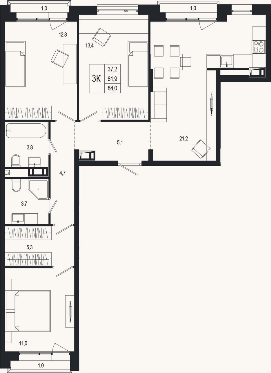 Планировка: 3-к, 83,9 м²