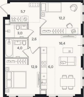 Планировка: 3-к, 62,8 м²
