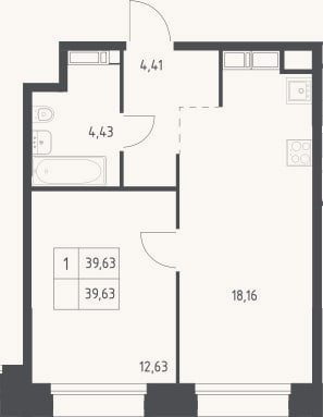Планировка: 1-к, 39,6 м²