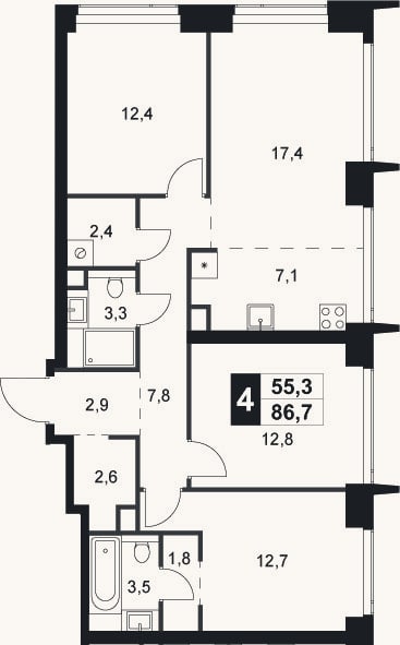 Планировка: 4+ к, 86,7 м²