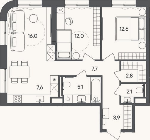 Планировка: 3-к, 69,8 м²