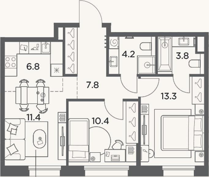 Планировка: 3-к, 57,7 м²