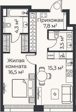 Планировка: 1-к, 47,4 м²