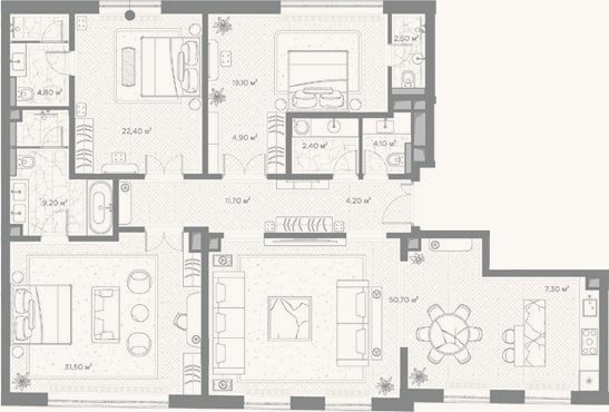 Планировка: 3-к, 174,8 м²