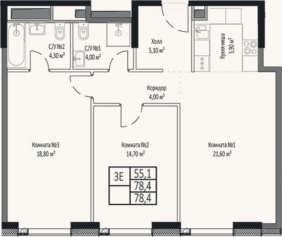 Планировка: 3-к, 78,4 м²